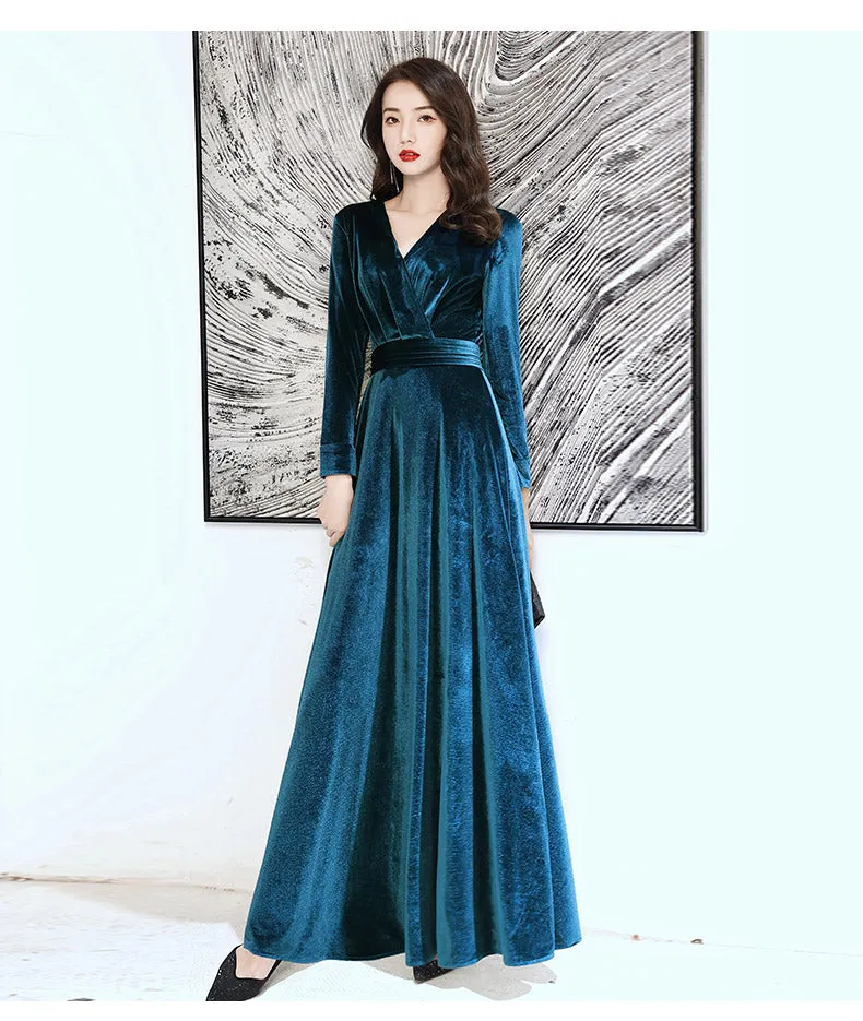 Elegant Velvet Long Sleeves V-neckline Prom Dress. Velvet Bridesmaid Dress Party Dress