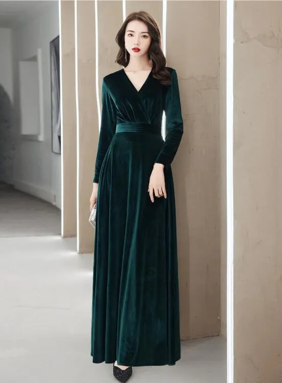 Elegant Velvet Long Sleeves V-neckline Prom Dress. Velvet Bridesmaid Dress Party Dress