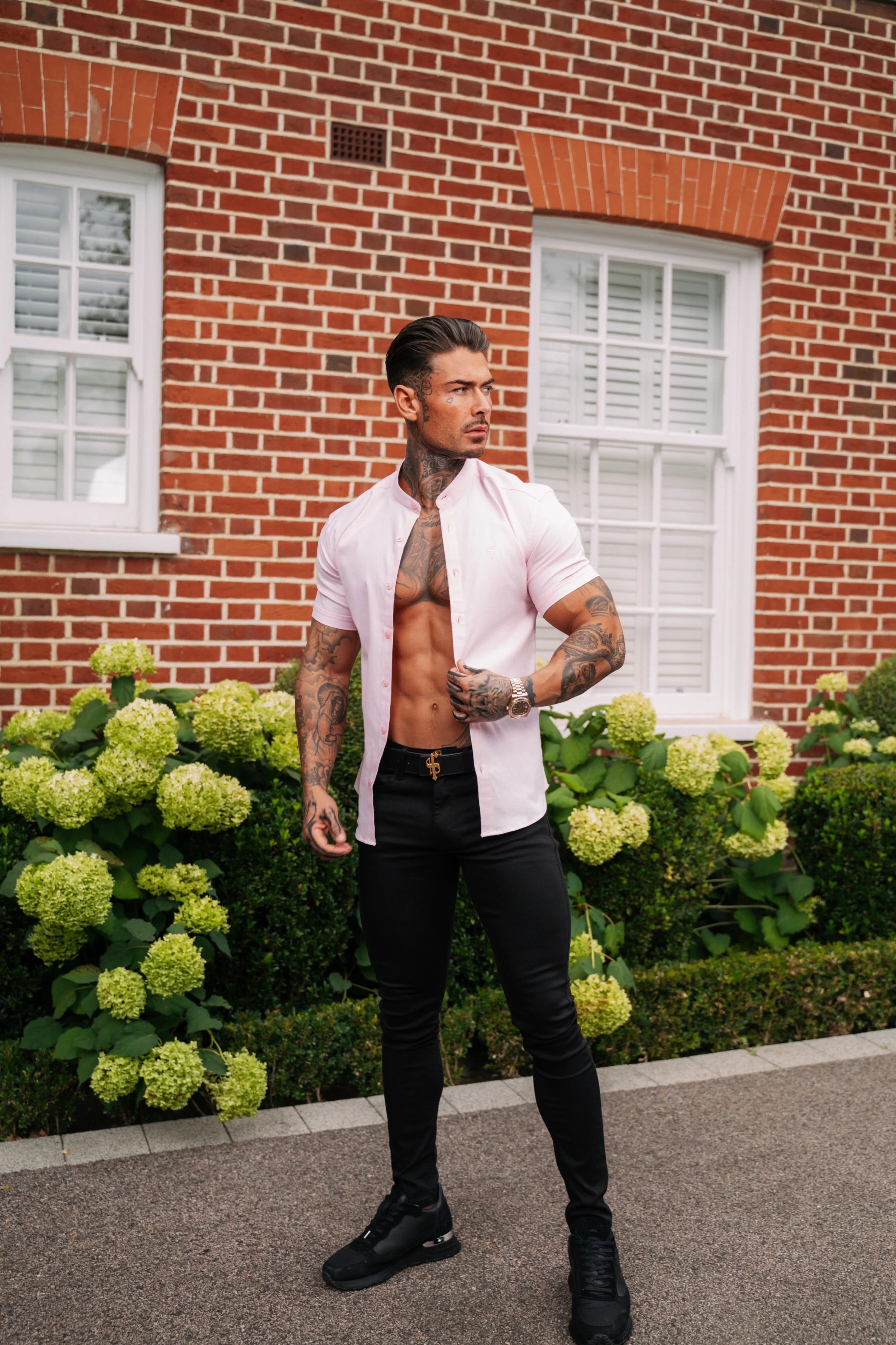 Father Sons Super Slim Stretch Classic Oxford Pink Grandad Collar Short Sleeve - FS953