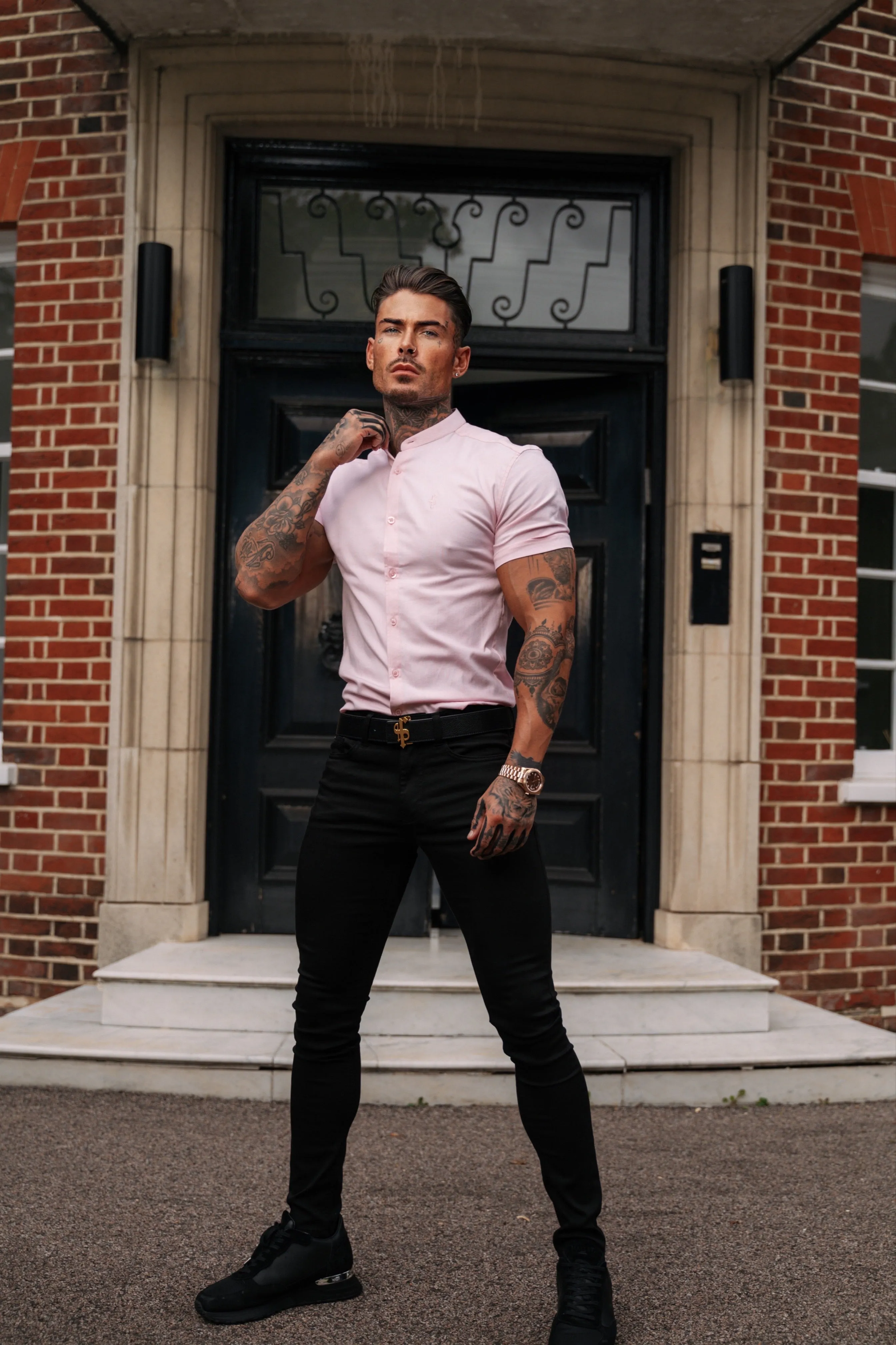 Father Sons Super Slim Stretch Classic Oxford Pink Grandad Collar Short Sleeve - FS953