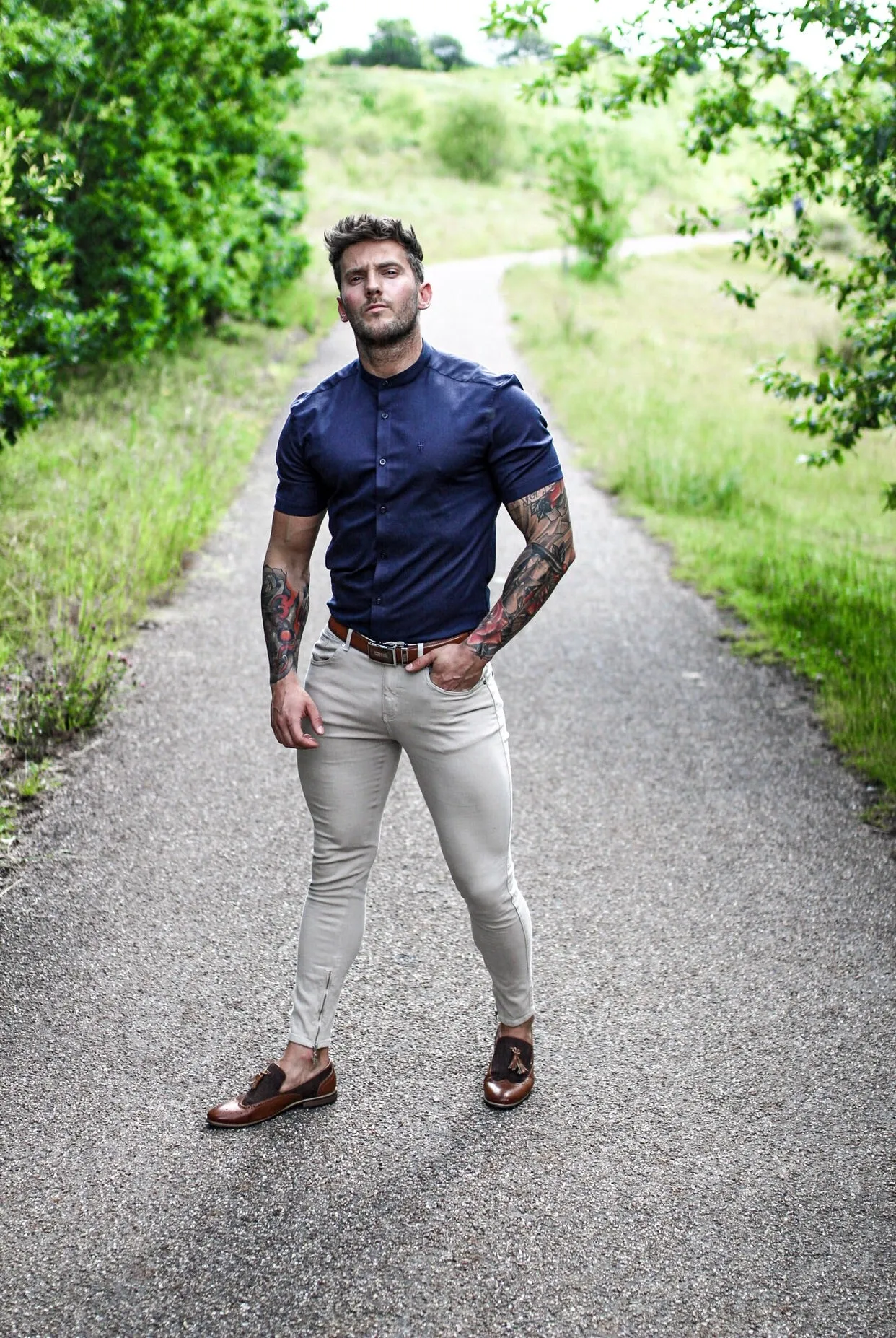 Father Sons Super Slim Stretch Grandad Collar Short Sleeve Classic Navy Oxford - FS584
