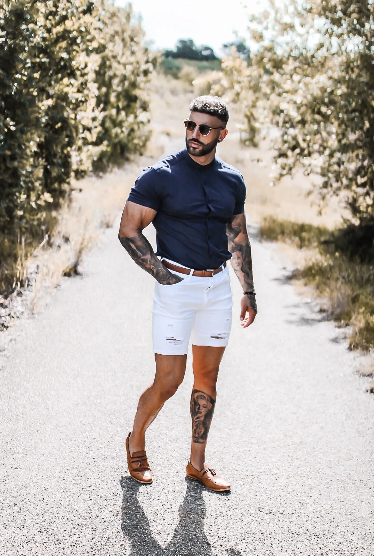 Father Sons Super Slim Stretch Grandad Collar Short Sleeve Classic Navy Oxford - FS584