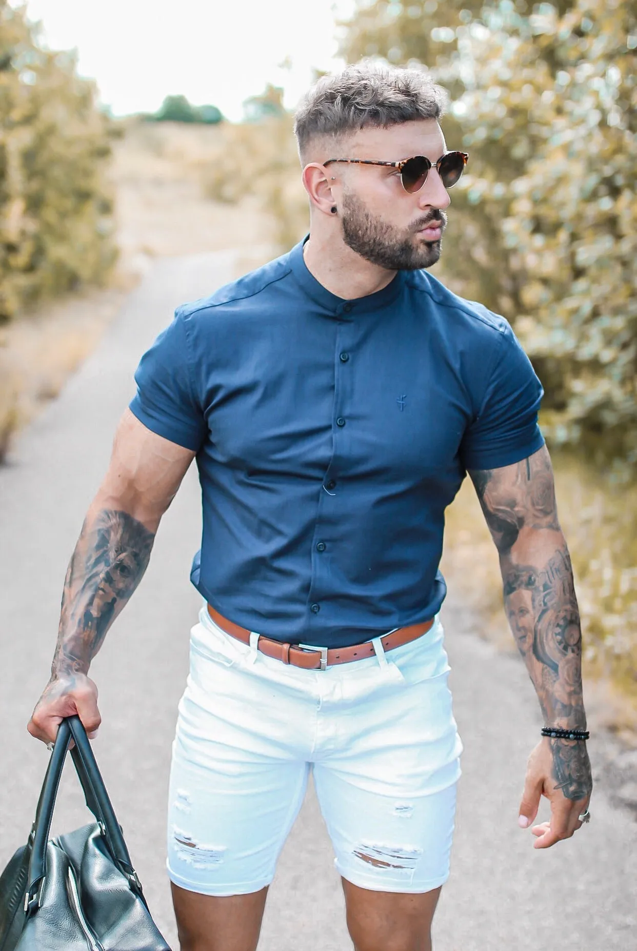 Father Sons Super Slim Stretch Grandad Collar Short Sleeve Classic Navy Oxford - FS584