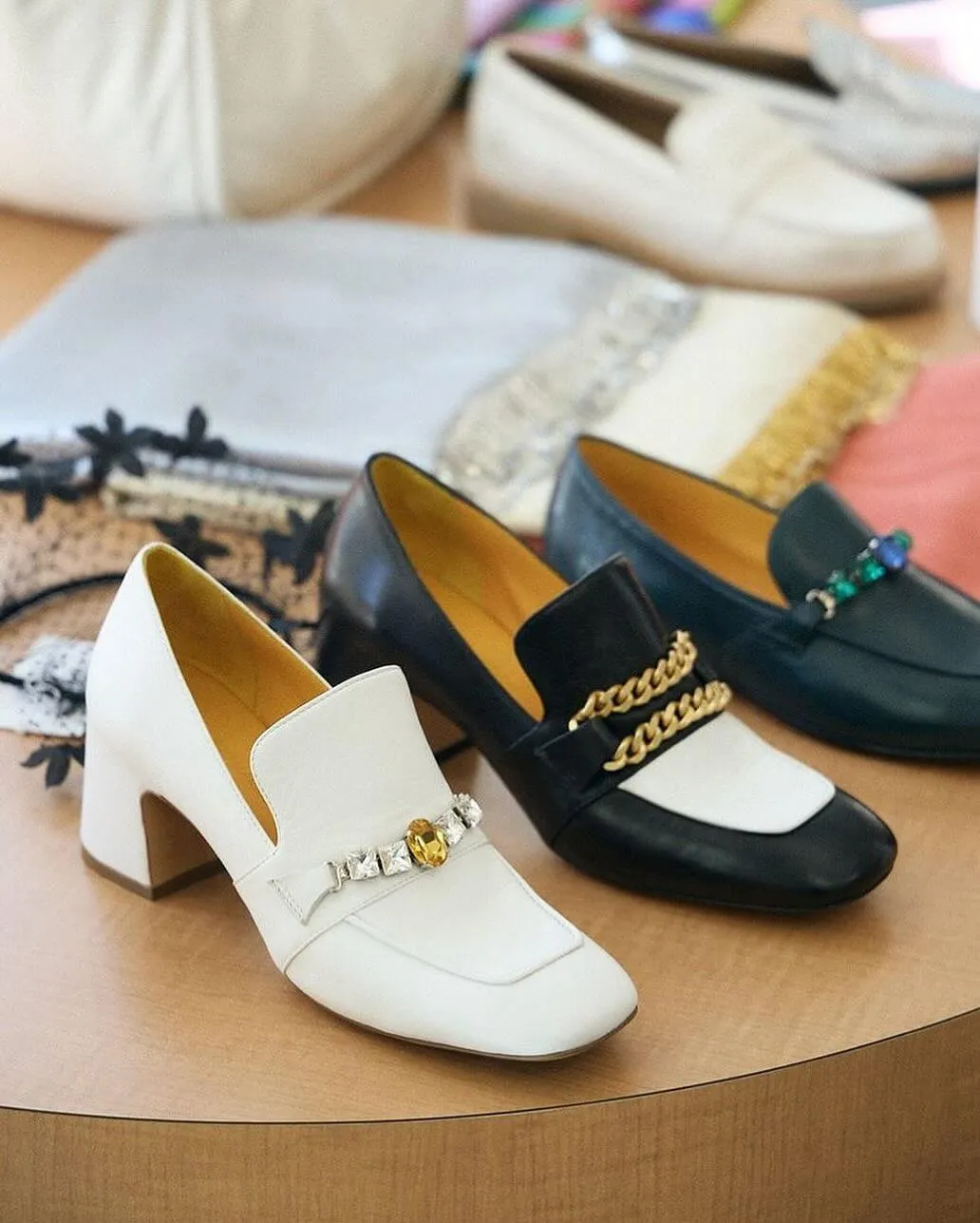 Green Leather Mid Heel Jeweled Loafer