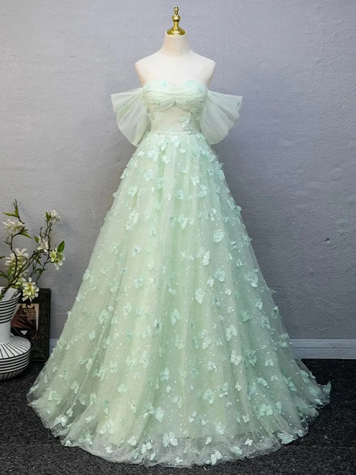 Green Sweetheart Off Shoulder Lace Long Formal Dress, Green Lace Prom Dress