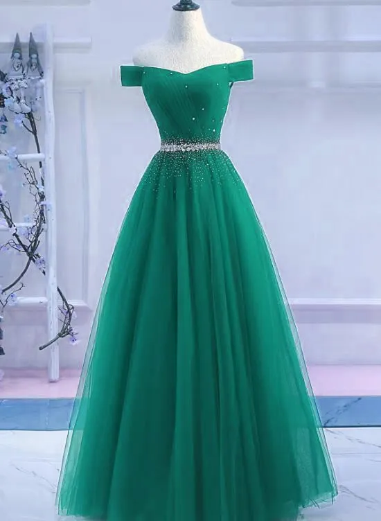 Green Tulle Off Shoulder Beaded Elegant Prom Dress , Junior Party Dress