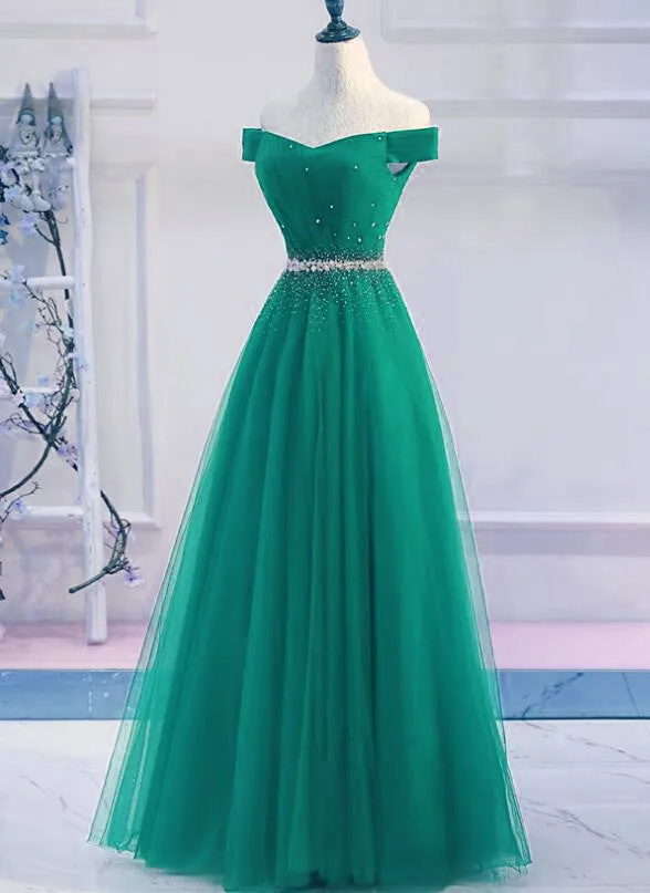 Green Tulle Off Shoulder Beaded Elegant Prom Dress , Junior Party Dress