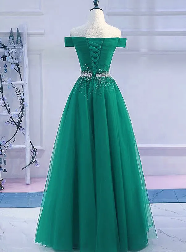 Green Tulle Off Shoulder Beaded Elegant Prom Dress , Junior Party Dress