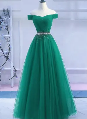 Green Tulle Off Shoulder Beaded Elegant Prom Dress , Junior Party Dress