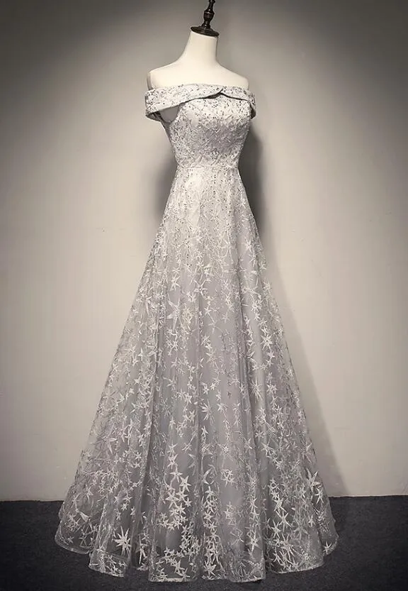 Grey New Lace Off Shoulder Elegant Evening Party Dresses, Beautiful Party Gowns, Grey Formal Dresses