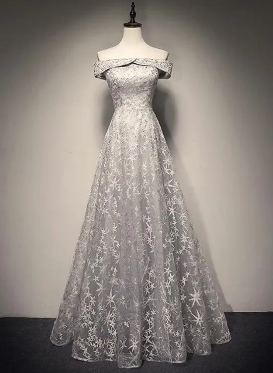 Grey New Lace Off Shoulder Elegant Evening Party Dresses, Beautiful Party Gowns, Grey Formal Dresses