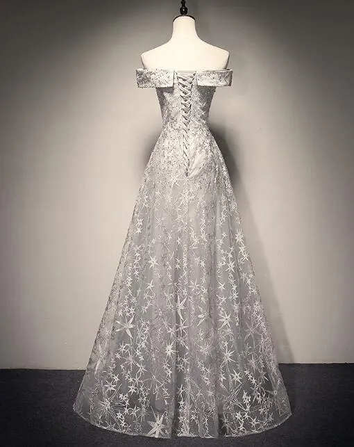 Grey New Lace Off Shoulder Elegant Evening Party Dresses, Beautiful Party Gowns, Grey Formal Dresses
