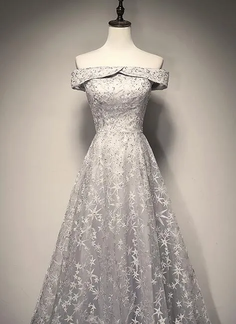 Grey New Lace Off Shoulder Elegant Evening Party Dresses, Beautiful Party Gowns, Grey Formal Dresses