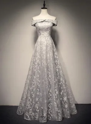 Grey New Lace Off Shoulder Elegant Evening Party Dresses, Beautiful Party Gowns, Grey Formal Dresses