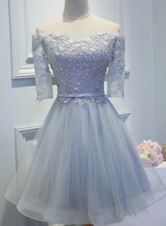 Grey Tulle Lace Homecoming Dresses , Lovely Off Shoulder Party Dresses, Cute Formal Dresses