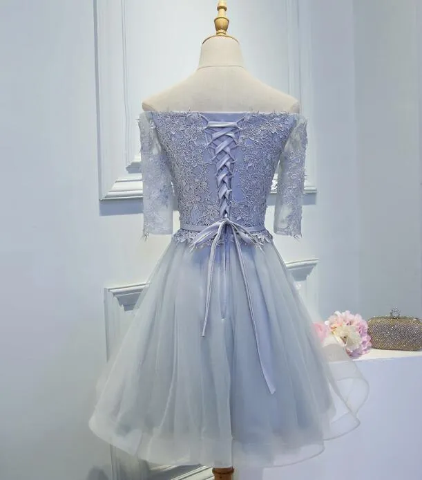 Grey Tulle Lace Homecoming Dresses , Lovely Off Shoulder Party Dresses, Cute Formal Dresses