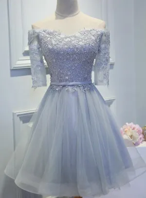 Grey Tulle Lace Homecoming Dresses , Lovely Off Shoulder Party Dresses, Cute Formal Dresses