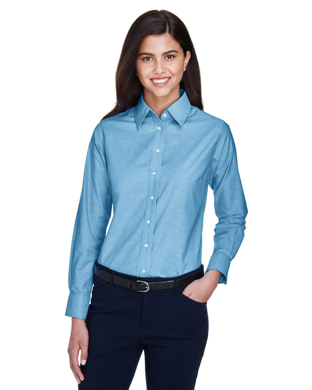 Harriton Ladies Long Sleeve Oxford with Stain-Release
