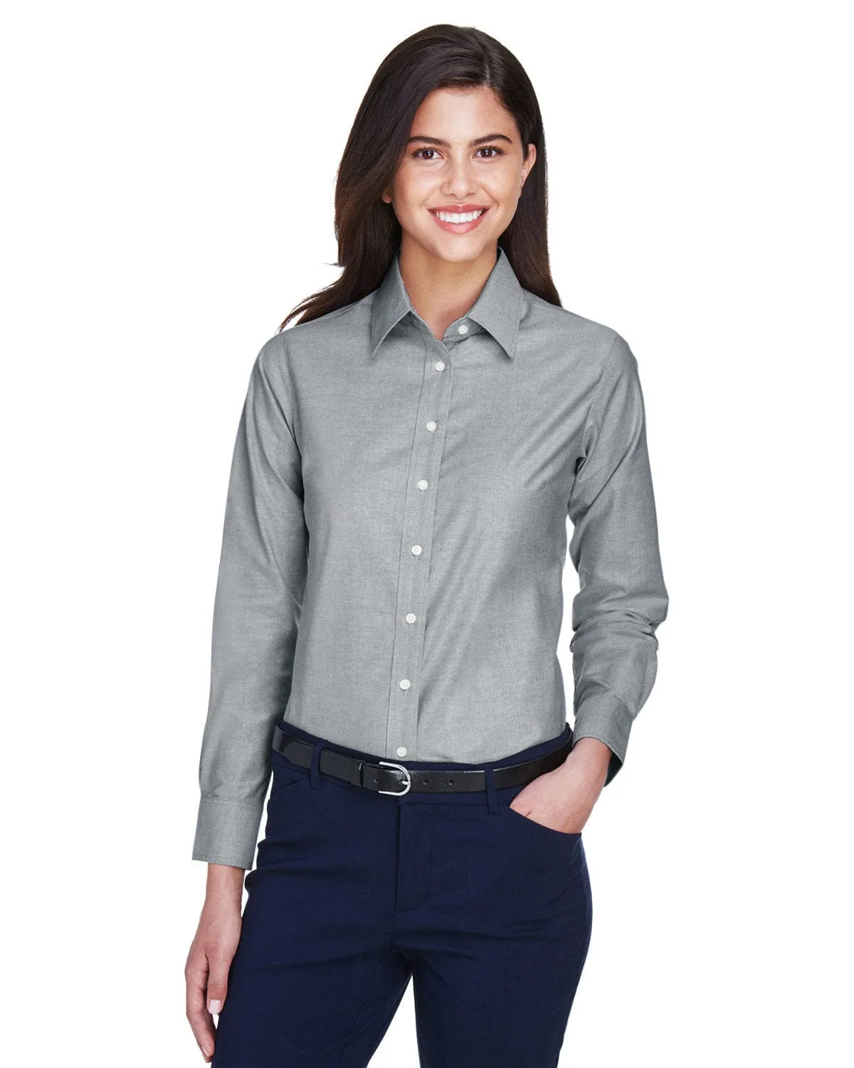 Harriton Ladies Long Sleeve Oxford with Stain-Release