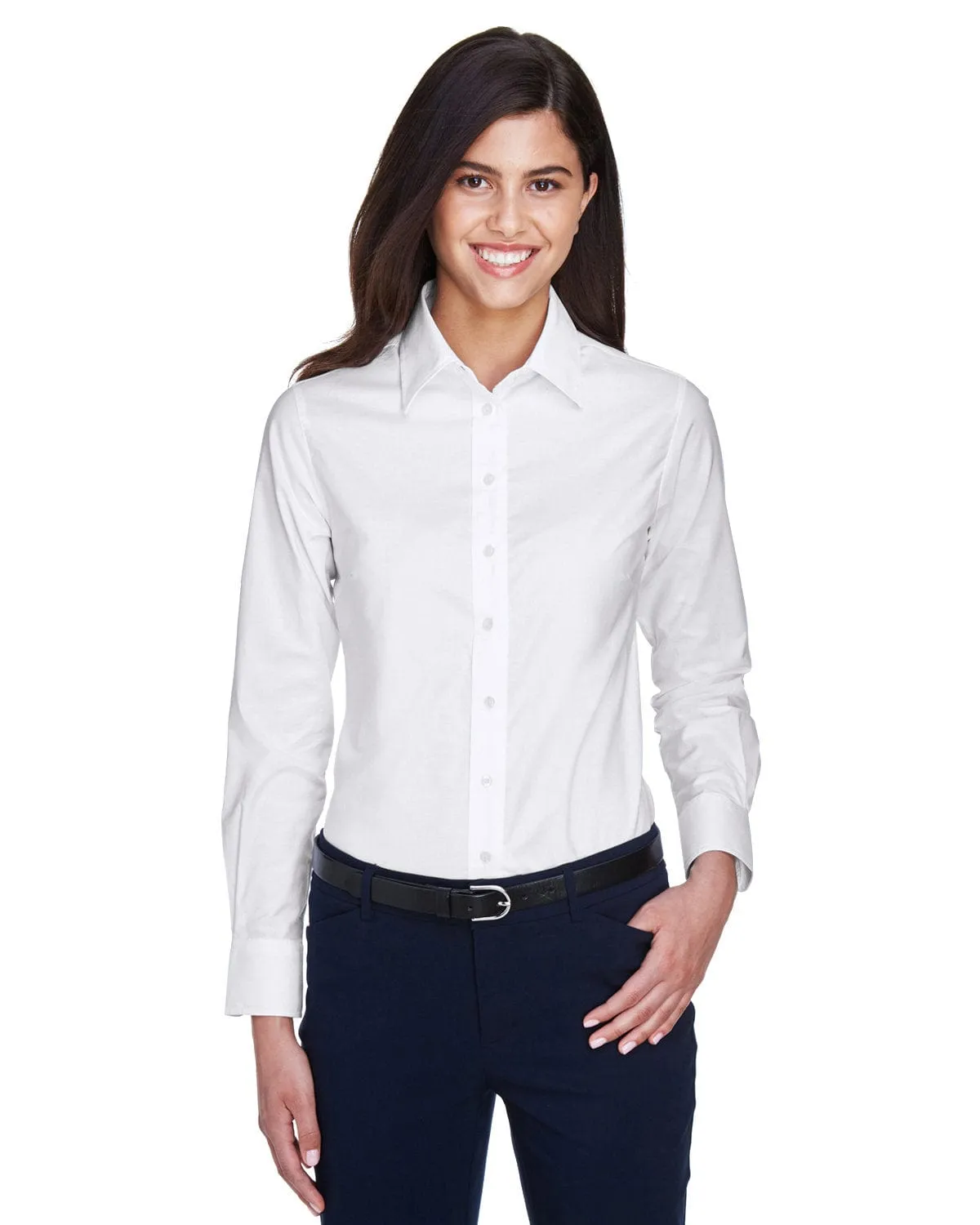 Harriton Ladies Long Sleeve Oxford with Stain-Release