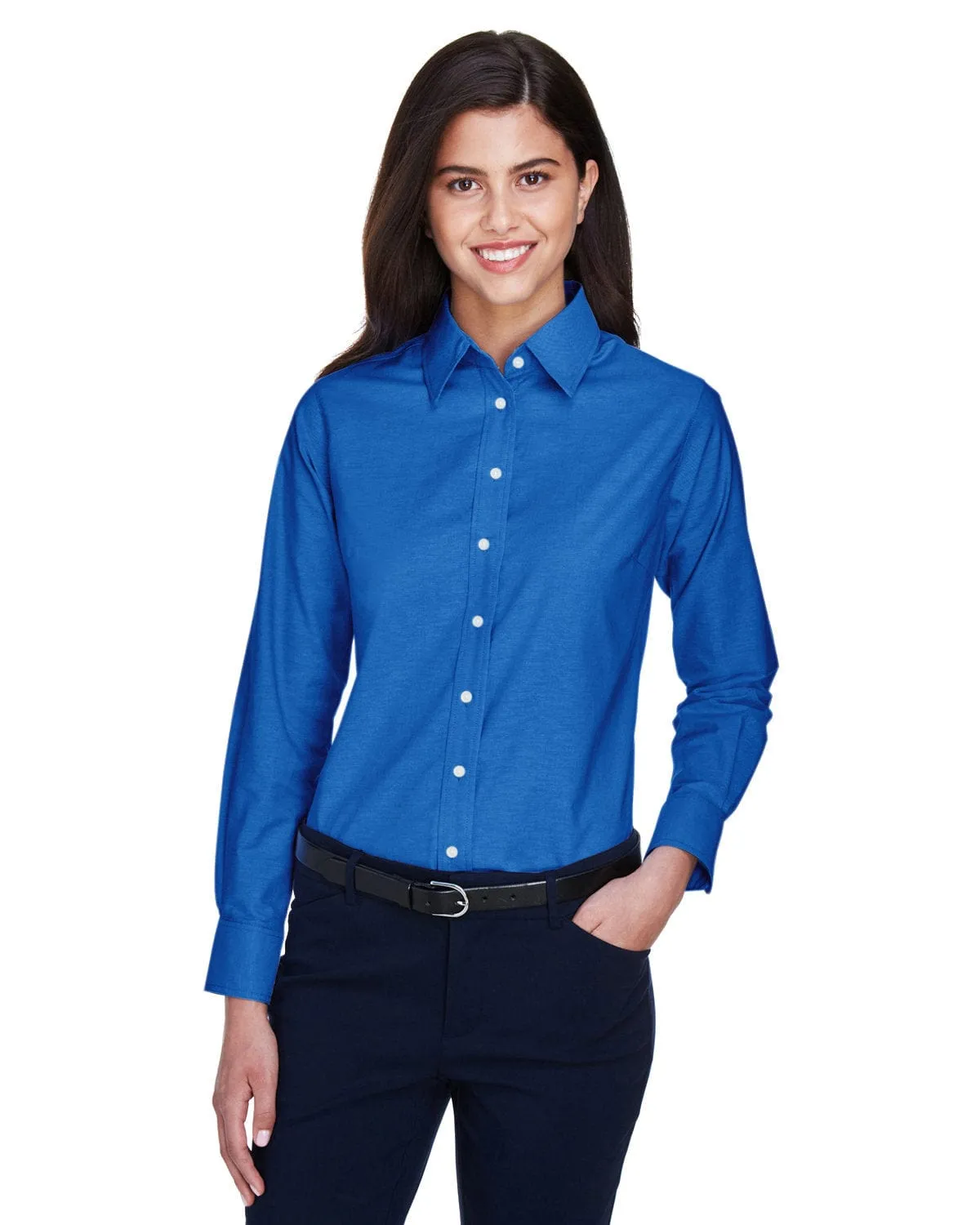 Harriton Ladies Long Sleeve Oxford with Stain-Release