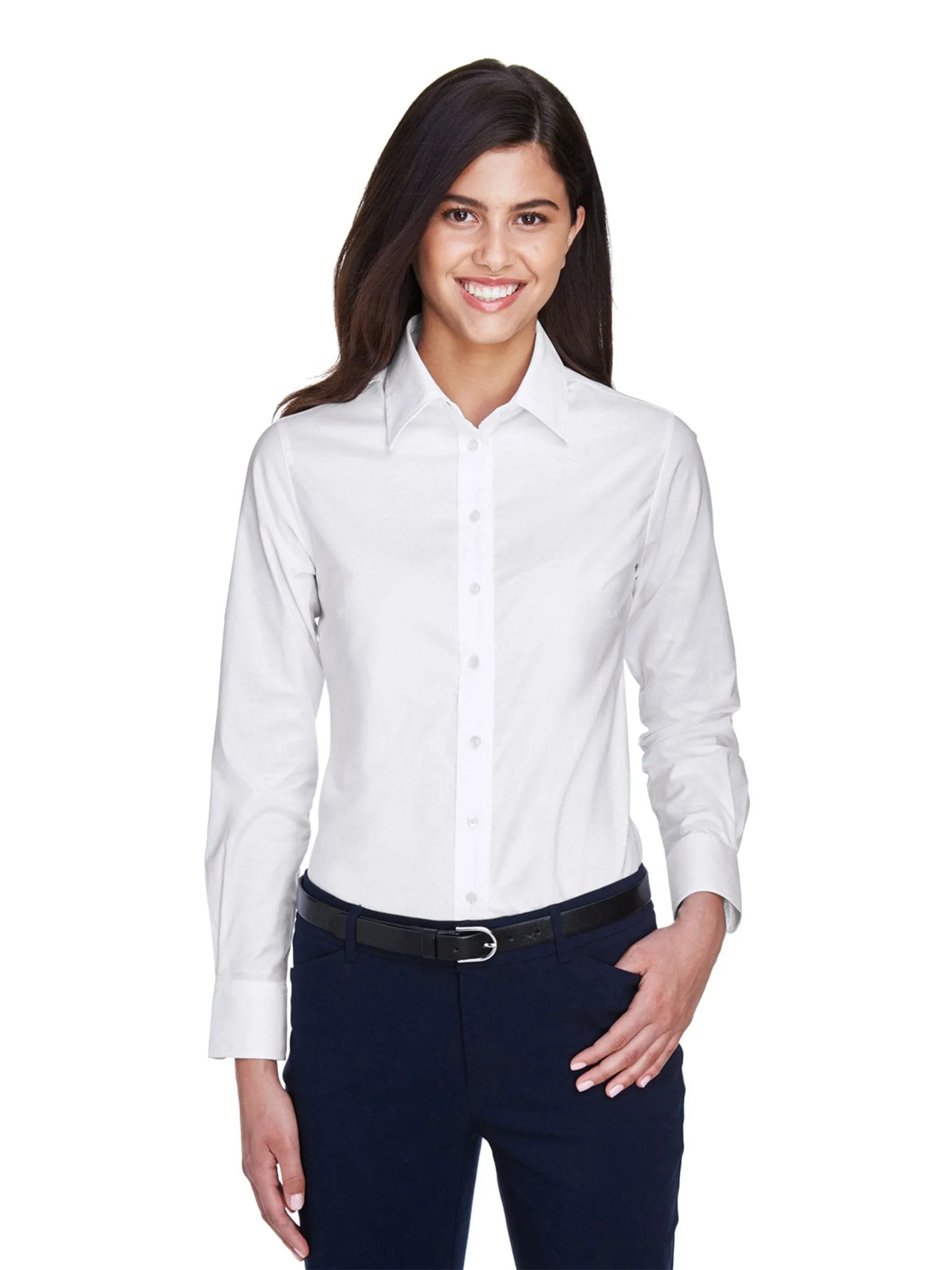 Harriton Ladies Long Sleeve Oxford with Stain-Release