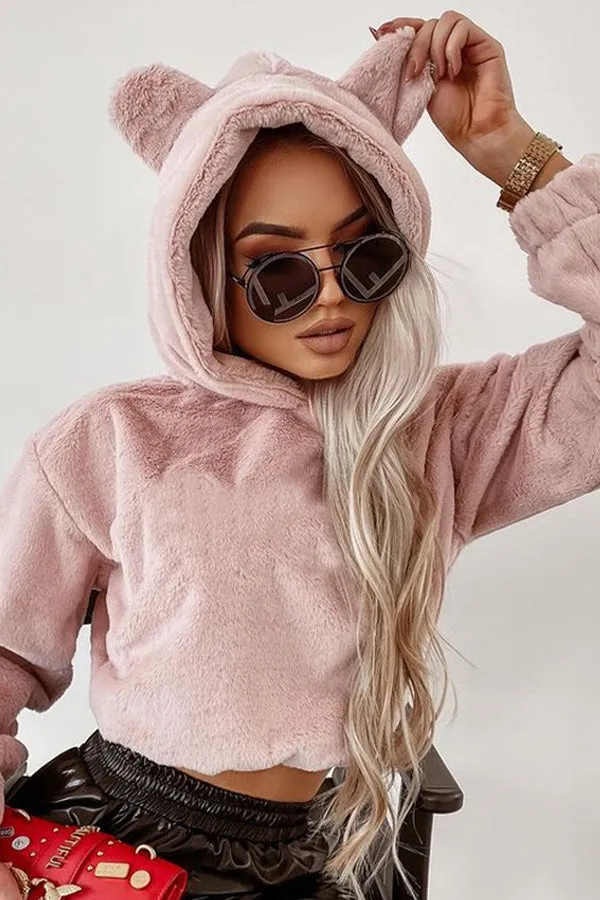 Hooded Pullover Solid Color Stylish Plush Jacket