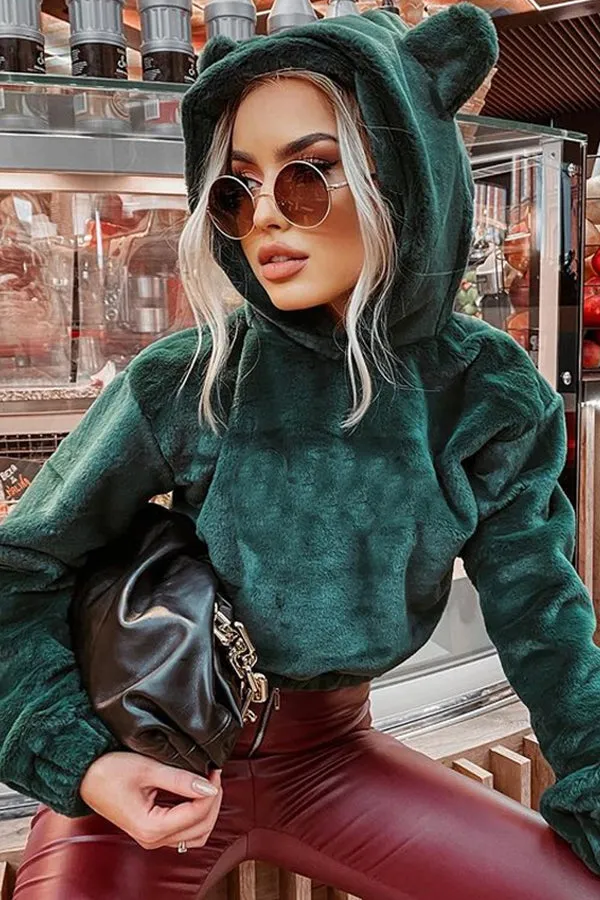 Hooded Pullover Solid Color Stylish Plush Jacket
