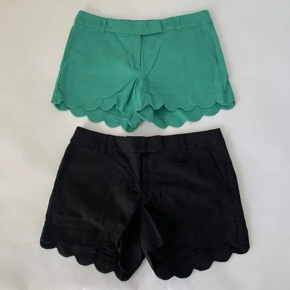 J. Crew Shorts Women 6 Black Green Scallop Hem Linen Blend Chino Preppy 2 Pairs