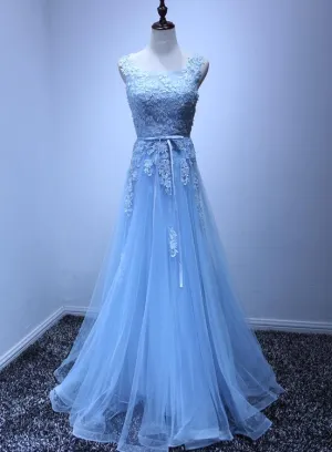 Light Blue Beautiful A--line Floor Length Senior Prom Dress, Formal Dress