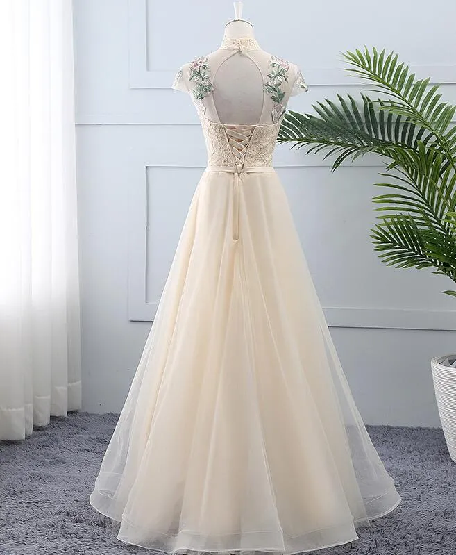 Light Champagne Tulle and Lace High Neckline Long Party Dress, A-line Tulle Bridesmaid Dress