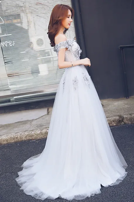 Light Grey Off Shoulder Tulle Party Gowns, Prom Dress , Grey Formal Dresses