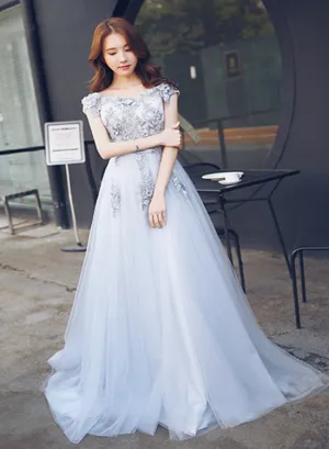 Light Grey Off Shoulder Tulle Party Gowns, Prom Dress , Grey Formal Dresses