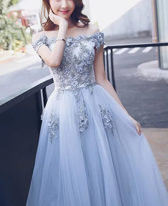 Light Grey Off Shoulder Tulle Party Gowns, Prom Dress , Grey Formal Dresses