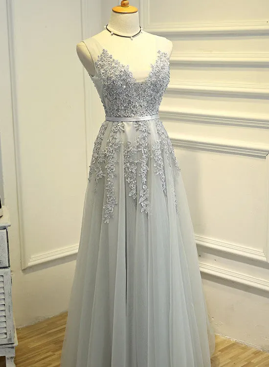 Light Grey Tulle V-neckline Long Party Gown, Charming Formal Dress