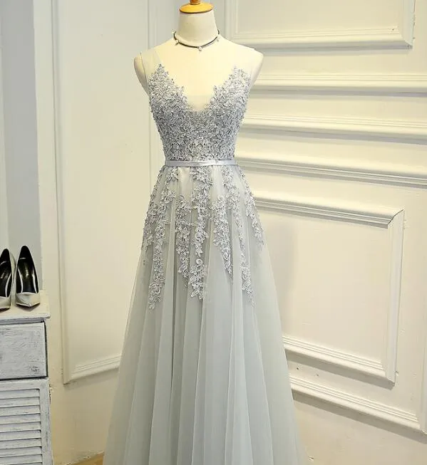 Light Grey Tulle V-neckline Long Party Gown, Charming Formal Dress