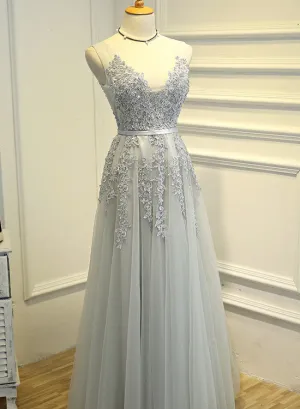 Light Grey Tulle V-neckline Long Party Gown, Charming Formal Dress