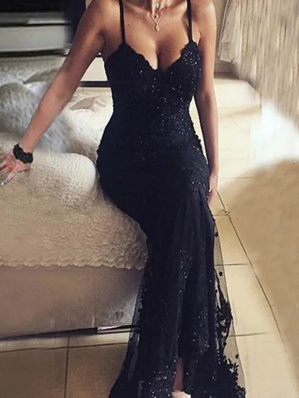 Long Beaded Black Lace Vintage V-Neck Sexy Prom Dresses.  AB060