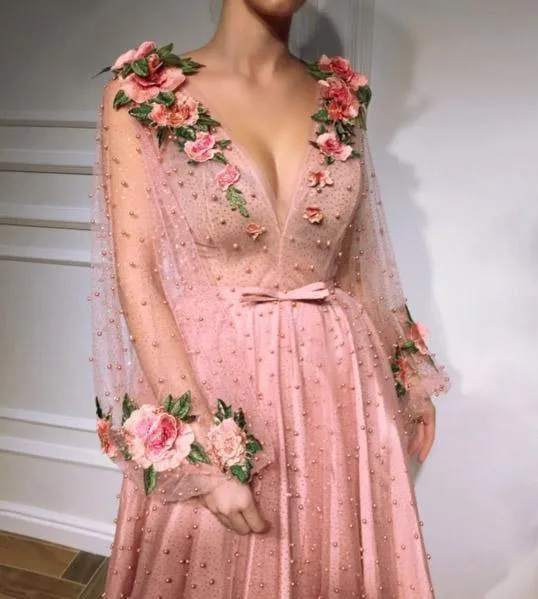 Long Sleeves V Neck 3D Flowers Pink Prom Dresses Formal Dresses TP0900