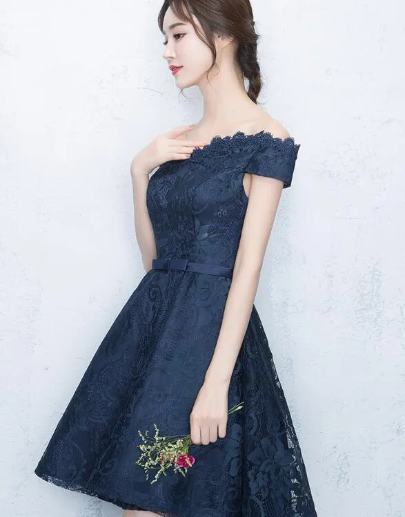 Lovely Blue Lace Short Party Dress, Lace Formal Dress