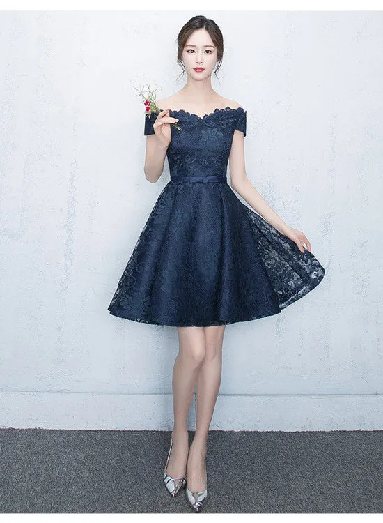 Lovely Blue Lace Short Party Dress, Lace Formal Dress