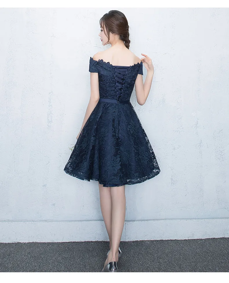 Lovely Blue Lace Short Party Dress, Lace Formal Dress