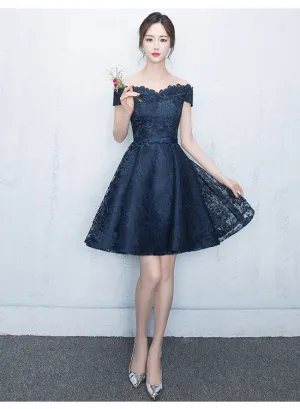 Lovely Blue Lace Short Party Dress, Lace Formal Dress