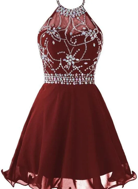 Lovely Burgundy Homecoming Dresses, Short Prom Dresses, Halter Beaded Formal Dresses
