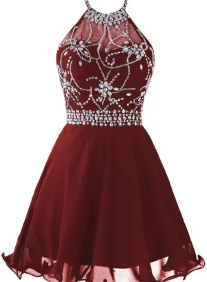 Lovely Burgundy Homecoming Dresses, Short Prom Dresses, Halter Beaded Formal Dresses