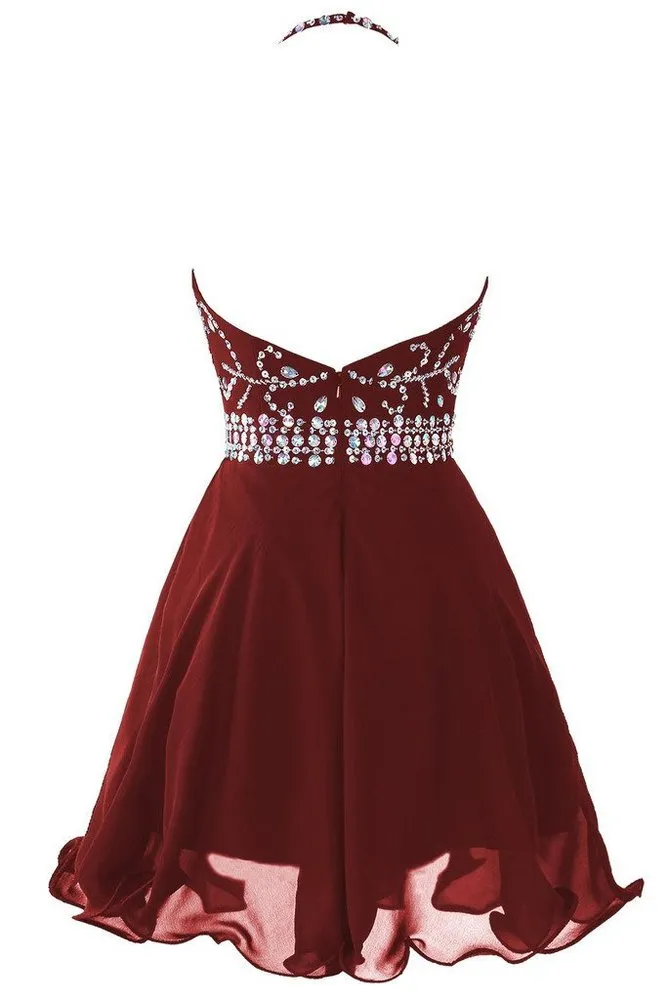 Lovely Burgundy Homecoming Dresses, Short Prom Dresses, Halter Beaded Formal Dresses