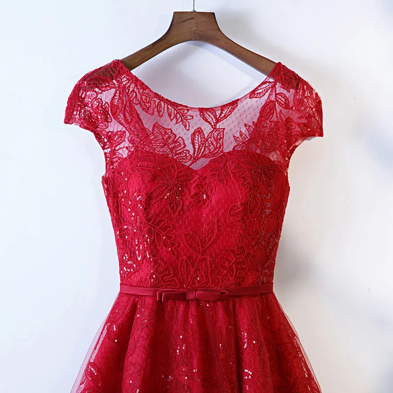 Lovely Dark Red Lace Cap Sleeves Short Party Dress, Wine Red Formal Dress