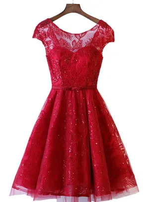 Lovely Dark Red Lace Cap Sleeves Short Party Dress, Wine Red Formal Dress