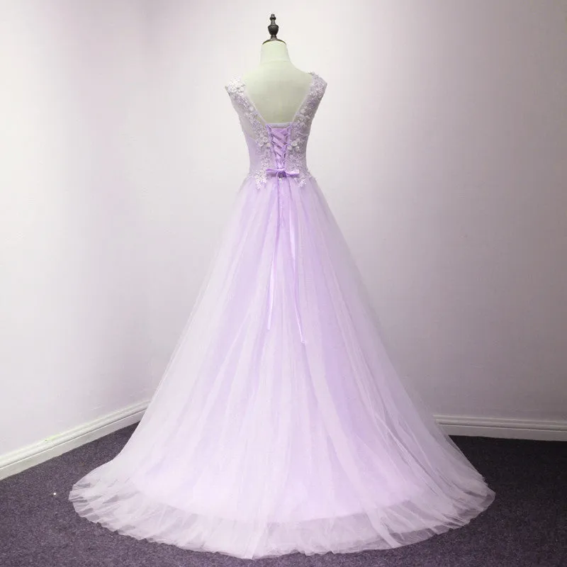 Lovely Tulle Round Neckline with Flowers, Long Wedding Party Dreses