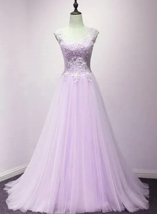 Lovely Tulle Round Neckline with Flowers, Long Wedding Party Dreses